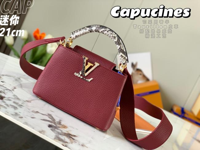 LV Capucines 迷你手袋 M55921 枣红原厂荔枝纹牛皮