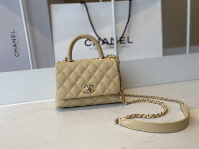 CHANEL AS2215小球纹14k淡金色经典款手提口盖包