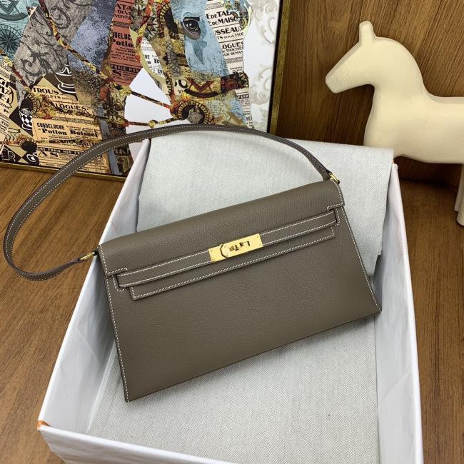 Hermes Kelly Elan 27cm 18大象灰山羊皮腋下包，优雅复古