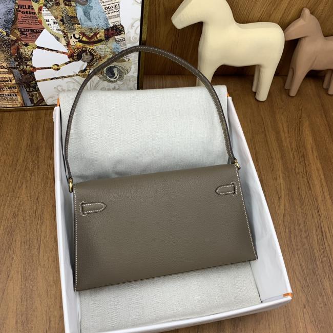 Hermes Kelly Elan 27cm 18大象灰山羊皮腋下包，优雅复古