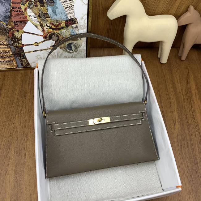 Hermes Kelly Elan 27cm 18大象灰山羊皮腋下包，优雅复古